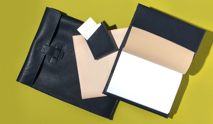 Supple materials and hand-stitched finishes make Agnes Baddoo's leather goods the perfect way to transport your print materials. Choose from three styles; folios, notebooks, or business card holders. All handmade in LA. 