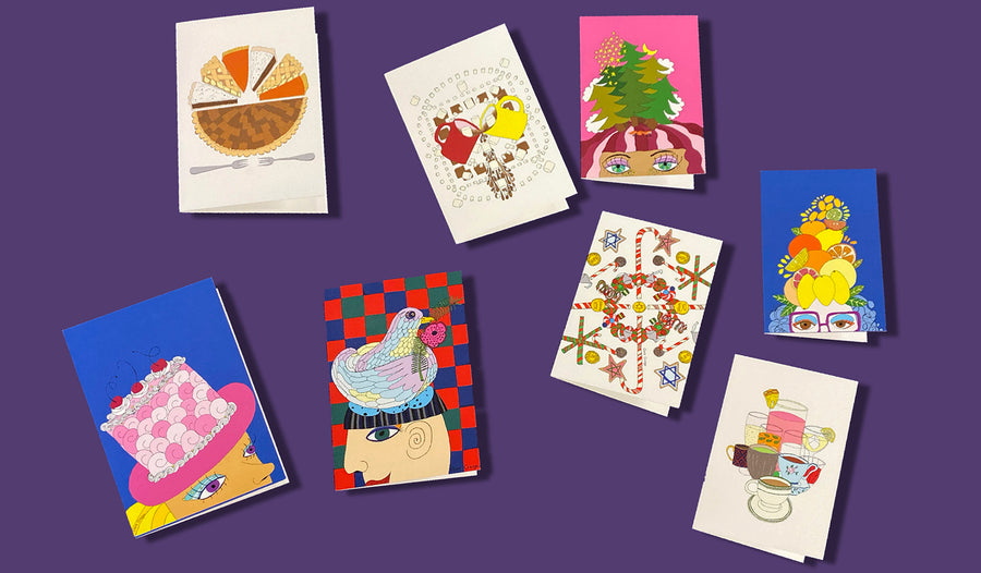 Known for her fanciful work at the intersection of art and edibles, Crespo's latest project draws on two amusing themes; celebratory hats, and holiday snack, because, why not?! Each card set features 4 versions of original illustrations in Crespo’s signature whimsical style. Printed on eco-friendly paper in Los Angeles, California.