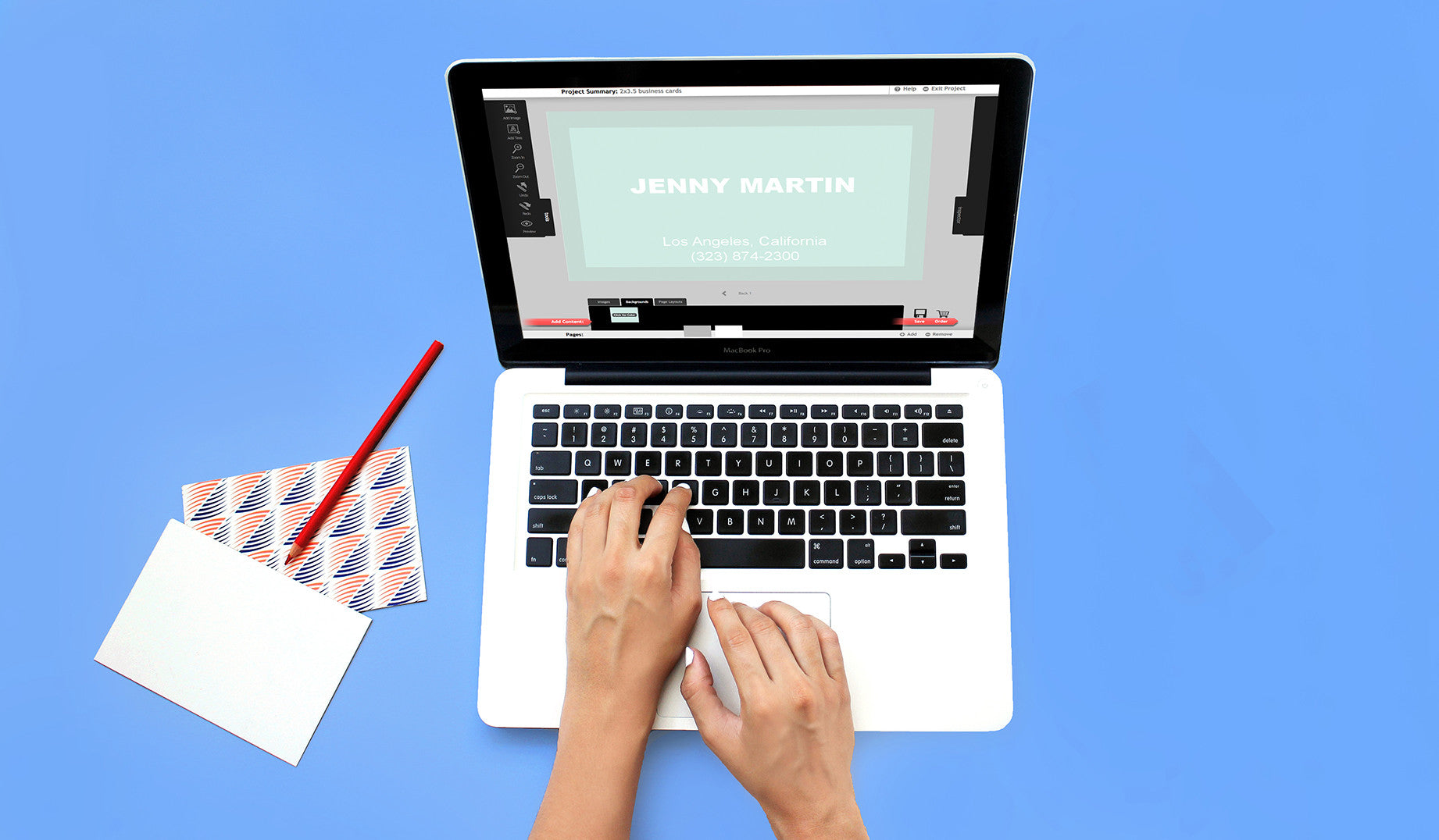 Customize your business card design online. Once you've selected your size, paper, and optional finishes, press the BUY button to open the editor and make your card yours!