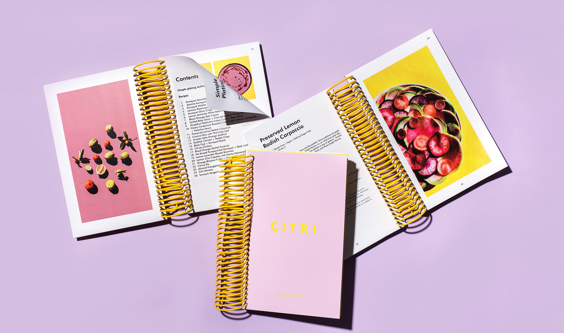 An ode to citrus. Loria Stern's first cookbook featuring 25 original recipes highlighting different varieties of citrus. Includes breads, cakes, crackers, salads, dips, beverages, fish, and chicken dishes, and emphasizes artful presentation and creative methodology. Recipes include vegan, gluten free, paleo options.<br/> Designed by Rafael Pulido