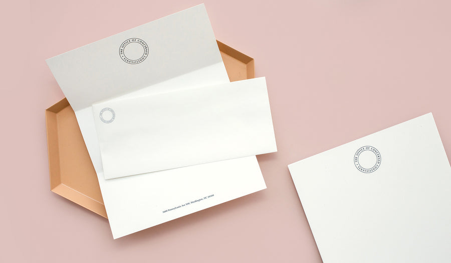 An astute series of letterhead and envelope sets printed on premium eggshell paper, created by Art Director Ania Diakoff. Official Correspondence will add to any voice the echo of its constituency.