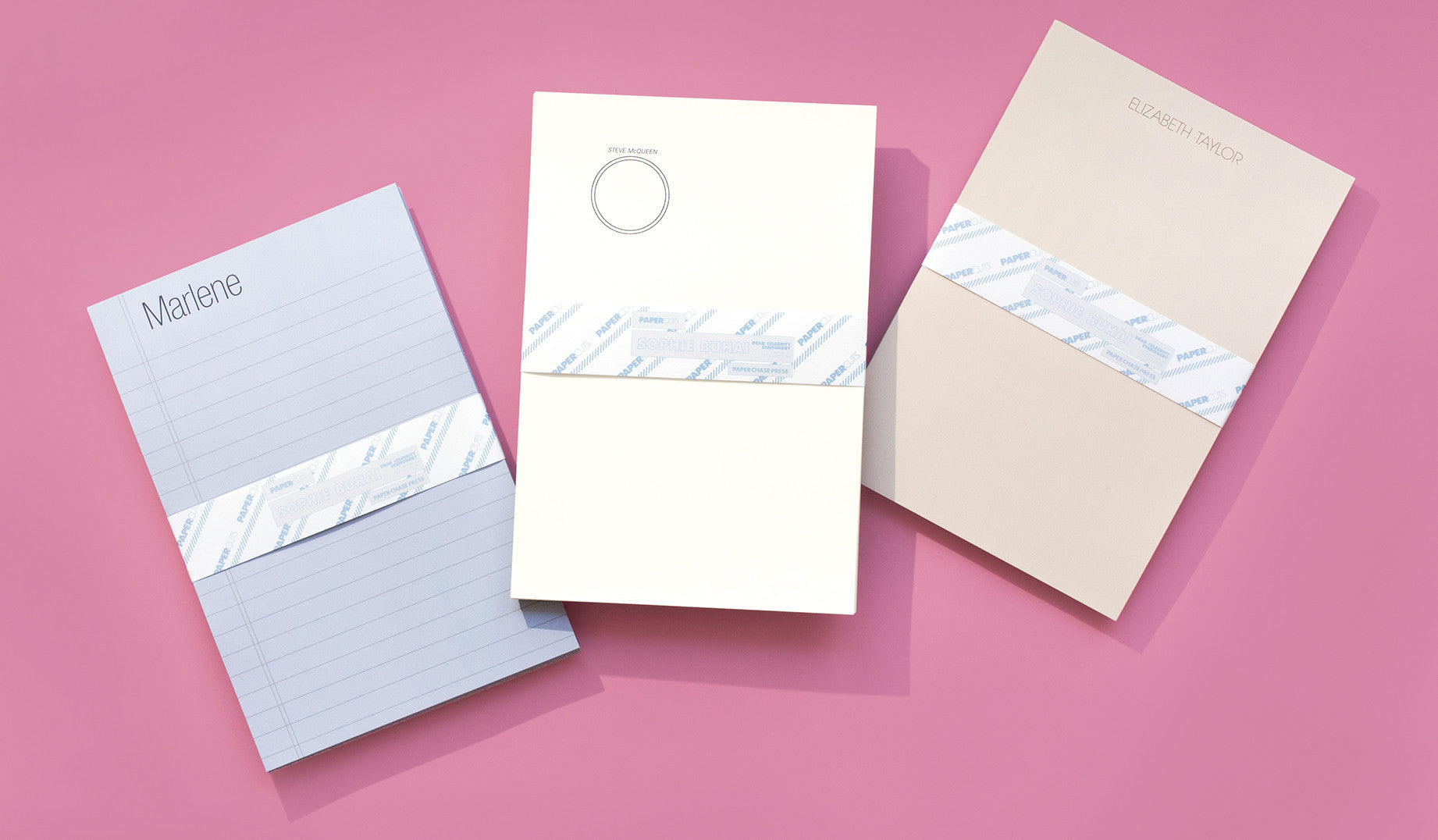 Based on the letterhead of celebrities Marlene Dietrich, Elizabeth Taylor, and Steve Mcqueen, these iconic stationery sets recall the glory days of Hollywood and letter writing. Choose your favorite and personalize the set with your own information to send a note in style. Printed on premium uncoated paper and sold in sets of fifty.