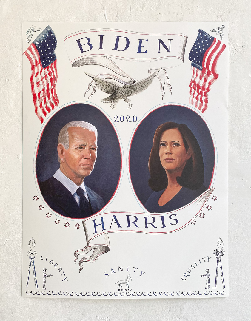 Liberty, sanity, equality! Celebrate the historic Biden Harris campaign with a poster by <a href="https://mcrowcompany.com/">BDDW</a>, in collaboration with <a href= https://www.instagram.com/futureearth/?hl=enFuture Earth">Future Earth</a>. Printed on premium, archival FSC Certified eggshell paper, 100% of the profits from each sale will be donated to the Biden Victory Fund.